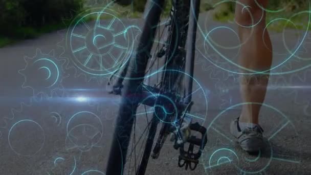 Animation Digital Interface Wheels Turning Female Cyclist Getting Her Bike — Stock Video
