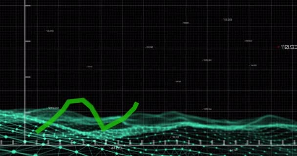 緑の線 グリッド 接続のネットワークと黒の背景にデータ処理とデジタルインターフェイスのアニメーション グローバルコンピュータネットワーク技術の概念デジタル生成された画像 — ストック動画