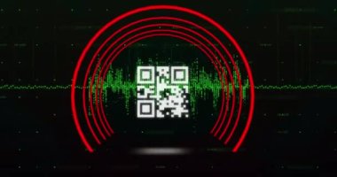 Kırmızı neon daireli elementlerle parlayan QR kodunun animasyonu ve arka planda yeşil ışık izleri. Dijital olarak oluşturulmuş küresel çevrimiçi güvenlik veri teknolojisi kavramı.