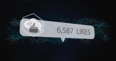 Dijital arayüz animasyonu, beyaz konuşma baloncuğunda birden fazla simge üzerinde artan sayılarla baş parmağınızı kaldırır. Dijital olarak oluşturulan küresel sosyal medya ağı.