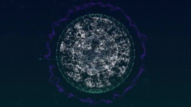 3d covid 19 hücre ve küresel dönüşlü veri işleme ile dijital arayüzün animasyonu. Küresel koronavirüs salgını bilgisayar ağı teknolojisi konsepti dijital olarak oluşturulmuş görüntü.