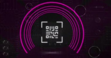 Pembe neon daire elementleri ve pembe devre kartlarıyla parlayan QR kodunun animasyonu. Dijital olarak oluşturulmuş küresel çevrimiçi güvenlik veri teknolojisi kavramı.