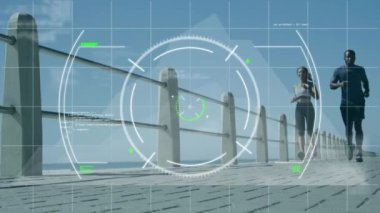 Dürbünlerle dijital arayüzün animasyonu tarama ve kadın ve erkek üzerinde veri işleme, egzersiz, çalışma. Dijital olarak oluşturulan küresel bilgisayar ağı teknolojisi kavramı.