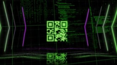 Pembe ve yeşil neon elementlerle parlayan QR kodunun animasyonu ve siyah arkaplanda veri işleme. Dijital olarak oluşturulmuş küresel çevrimiçi güvenlik veri teknolojisi kavramı.