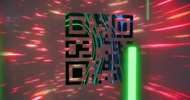 Arkaplanda yeşil neon elementler ve kırmızı ışık izleriyle parlayan QR kodunun animasyonu. Dijital olarak oluşturulmuş küresel çevrimiçi güvenlik veri teknolojisi kavramı.