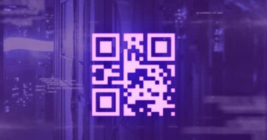 Mor arkaplanda neon elementleri ve veri işleme ile parlayan mor QR kodu animasyonu. Dijital olarak oluşturulmuş küresel çevrimiçi güvenlik veri teknolojisi kavramı.