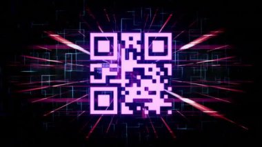 Pembe neon elementlerle parlayan pembe QR kodu ve siyah arkaplanda veri işleme animasyonu. Dijital olarak oluşturulmuş küresel çevrimiçi güvenlik veri teknolojisi kavramı.