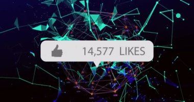 Dijital arayüzün animasyonu, beyaz konuşma baloncuğundaki artan sayılarla bağlantı ağının üzerinde yer almaktadır. Dijital olarak oluşturulan küresel sosyal medya ağı.