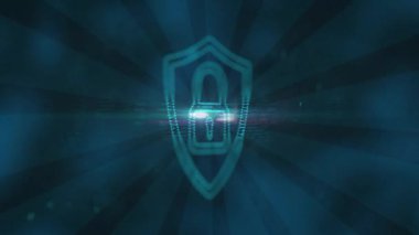 Bulanık mavi arkaplanda çevrimiçi güvenlik asma kilidi simgesiyle dijital arayüzün animasyonu. Dijital olarak oluşturulan küresel bilgisayar ağı teknolojisi kavramı.