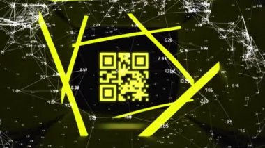 Yeşil neon elementli parlayan yeşil QR kodu ve siyah arkaplanda bağlantı ağının animasyonu. Dijital olarak oluşturulmuş küresel çevrimiçi güvenlik veri teknolojisi kavramı.