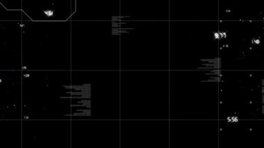Beyaz veri işleme animasyonu ve siyah zemin üzerinde beyaz ızgara üzerinde hareket eden işaretleyiciler. Dijital olarak oluşturulmuş küresel çevrimiçi güvenlik veri teknolojisi kavramı.