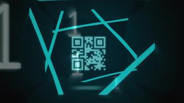 Yeşil neon elementlerle parlayan yeşil QR kodu ve siyah arkaplanda ikili kodlama animasyonu. Dijital olarak oluşturulmuş küresel çevrimiçi güvenlik veri teknolojisi kavramı.