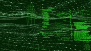 Yeşil arkaplanda bağlantı ağı ve veri işleme ağıyla dijital arayüzün animasyonu. Dijital olarak oluşturulan küresel bilgisayar ağı teknolojisi kavramı.