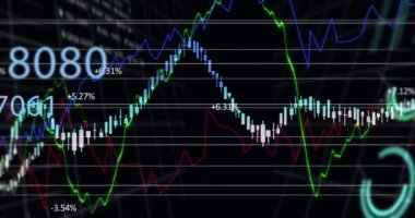 Simgeler ve veri işleme ile dijital arayüzün animasyonu. Dijital olarak oluşturulan küresel bilgisayar ağı teknolojisi kavramı.