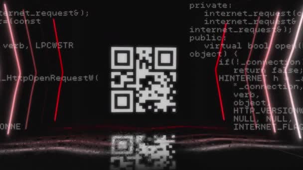 ピンク色のネオン元素と黒の背景にデータ処理と輝くQrコードのアニメーション グローバルオンラインセキュリティデータ技術の概念デジタル生成された画像 — ストック動画