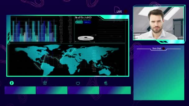 Interfaz Digital Con Iconos Pantalla Con Mapa Del Mundo Estadísticas — Vídeo de stock