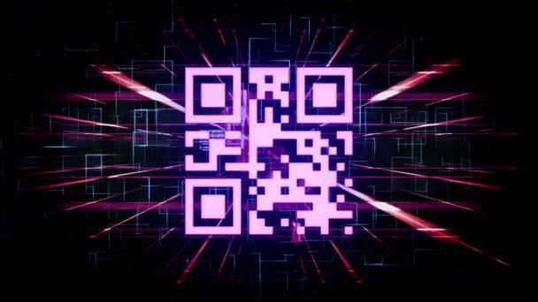 ピンク色のネオン元素と黒の背景にデータ処理と輝くピンクのQrコードのアニメーション グローバルオンラインセキュリティデータ技術の概念デジタル生成された画像 — ストック動画