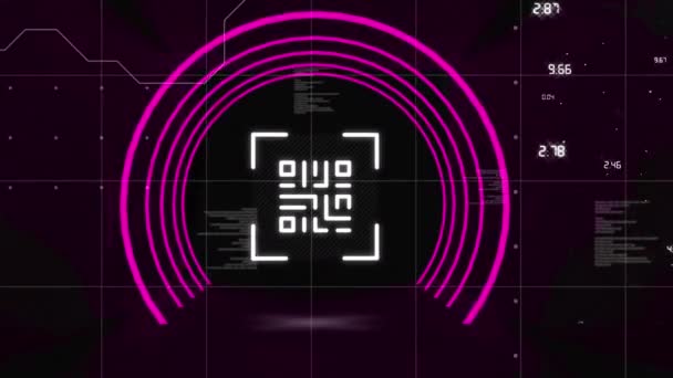 在黑色背景上用粉色霓虹灯圆形元素动画发光的Qr代码 全球在线安全数据技术概念数字生成的图像 — 图库视频影像