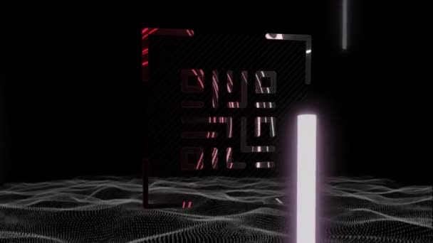 发光Qr代码的动画 带有霓虹灯元素和波纹在黑色背景上流动 全球在线安全数据技术概念数字生成的图像 — 图库视频影像