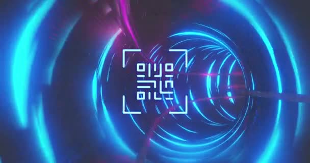 Animation Glowing Code Blue Pink Neon Elements Tunnel Background Global — Stock Video