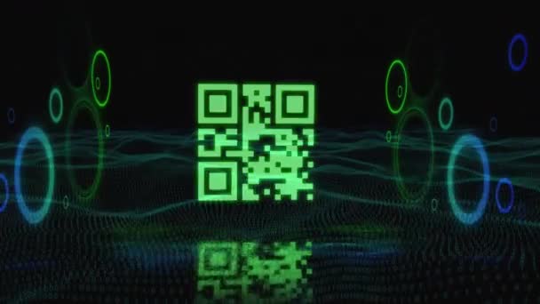 Animace Zářícího Zeleného Kódu Neonovými Prvky Zeleného Modrého Kruhu Vlnami — Stock video