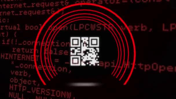 动画的发光Qr代码与红色霓虹灯圆环元素和数据处理 黑色背景 全球在线安全数据技术概念数字生成的图像 — 图库视频影像