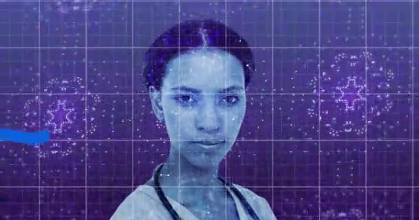 Modré Grafy Pohybující Ženském Zdravotnickém Pracovníkovi Kaleidoskopickém Pozadí Globální Počítačová — Stock video