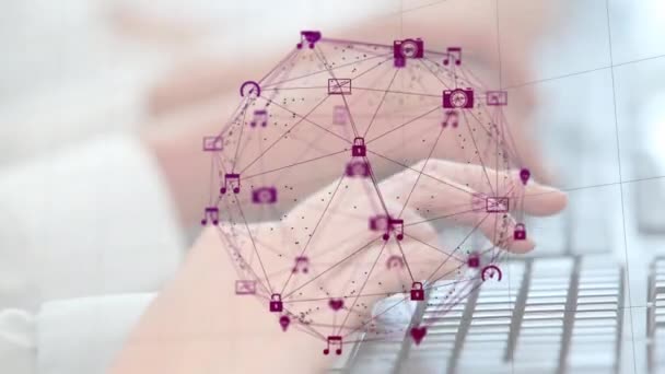 컴퓨터 키보드로 타이핑하는 사람들을 세계의 아이콘들과 연결들과 디지털 인터페이스의 애니메이션 — 비디오