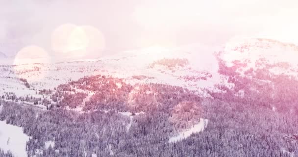 Animation Vinterlandskap Med Ljusa Fläckar Berg Och Granar Täckta Snö — Stockvideo