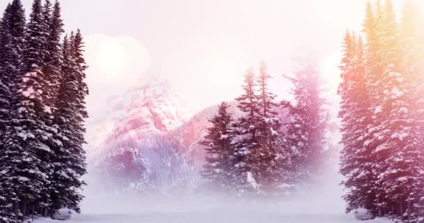 雪に覆われた冬の風景 山やモミの木の森と風景のアニメーション クリスマス冬のお祝いのコンセプトデジタル生成画像 — ストック動画