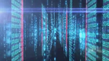 Siyah arkaplanda mavi ve kırmızı veri işleme tünelinin animasyonu. Dijital bileşik video