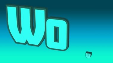 Mavi ve yeşil arkaplan üzerinde hareket eden Wow metninin dijital animasyonu. Video oyunu bilgisayar arayüzü kavramı