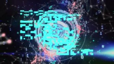 Siyah arkaplanda yüzen kırmızı bir ağ üzerinde çoklu mavi daireli mavi QR kodunun animasyonu