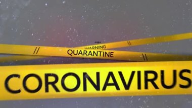 Gri arkaplanda koronavirüs metni olan sarı uyarı bandıyla uçan yarasaların animasyonu. Cadılar bayramı ve koronavirüs salgını dijital olarak üretilen görüntü konsepti.