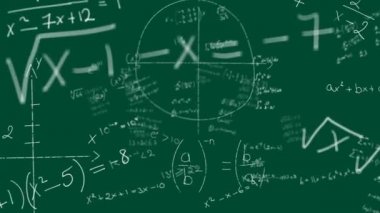 Yeşil arkaplan üzerinde hareket eden çoklu el yazısıyla yazılmış matematiksel denklemlerin animasyonu. Küresel bilim öğrenme eğitim kavramı dijital olarak oluşturulmuş görüntü.