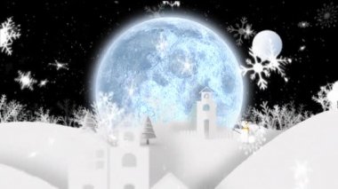 Noel Baba 'nın kızakta geyikler tarafından çekildiği ve dolunayın siyah arka planda olduğu animasyon. Noel kutlaması konsepti dijital olarak oluşturulmuş görüntü.