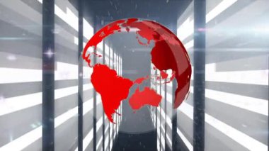 Siyah arkaplanda beyaz ve gri şekilleri gösteren ekranlarla dönen kırmızı bir küre animasyonu. Dijital bileşik video