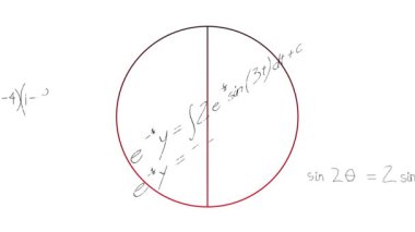 Kırmızı çizgili dairenin animasyonu ikiye bölünmüş ve beyaz zemin üzerinde bilimsel veri işlemesi. Bilimsel matematik konsepti dijital olarak oluşturulmuş görüntü.