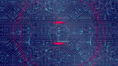 Kırmızı dürbünün dijital animasyonu mavi arkaplan ile mikro işlemci bağlantılarını tarıyor. hareket kavramı dijital olarak oluşturulmuş video