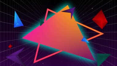 Neon üçgen şeklinin dijital animasyonu ve ızgara çizgilerine karşı hareket eden çok renkli üçgen şekilleri