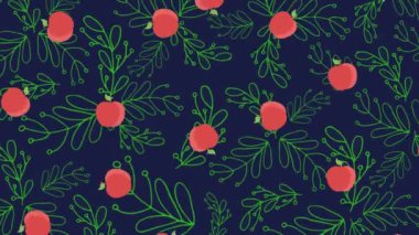 Mavi arkaplan desenine karşı yeşil çiçeklerin üzerine düşen çoklu elma ikonlarının dijital animasyonu. Resim ve dijital kompozit konsepti.