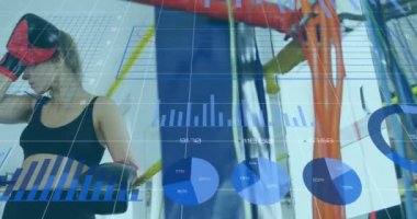 Boks ringinde kadın boksör üzerinde istatistik tarama ve veri işleme ile dijital arayüzün animasyonu. Dijital olarak oluşturulan küresel bilgisayar ağı teknolojisi kavramı.