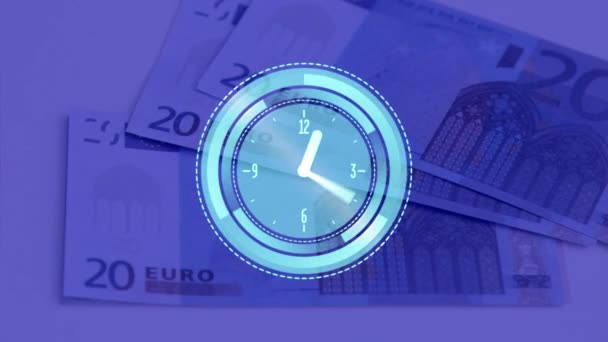 Animação Digital Relógio Brilhante Batendo Contra Notas Euro Flutuando Fundo — Vídeo de Stock