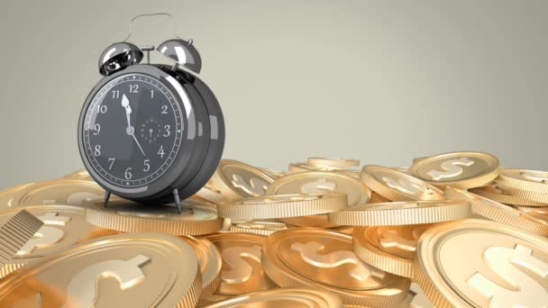 目覚まし時計のデジタルアニメーショングレーを背景に 時計回りと黄金のドルセント硬貨 世界経済と金融の概念は — ストック動画