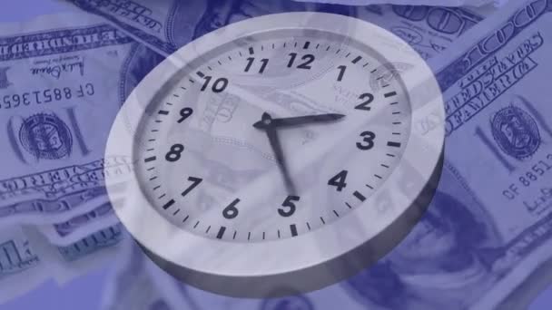 Animación Digital Del Reloj Corriendo Contra Billetes Dólares Americanos Girando — Vídeo de stock