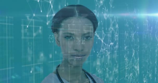 Animação Retrato Mestiço Médico Feminino Com Rede Plexo Múltiplo Processamento — Vídeo de Stock