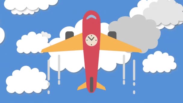 Animação Digital Ícone Avião Com Relógio Marcação Voando Contra Nuvens — Vídeo de Stock