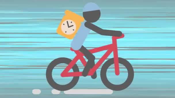 Цифровая Анимация Человека Коробкой Доставки Тикающими Часами Велосипеде Светлом Фоне — стоковое видео