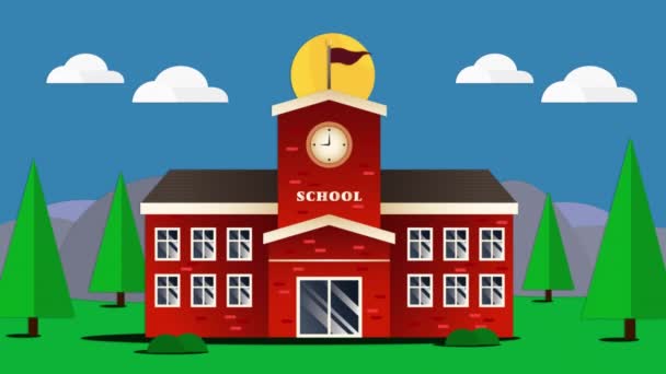 Edificio escolar, autobús escolar, sombreros de graduación flotantes y lápices multicolores en el cambio de backgro — Vídeos de Stock