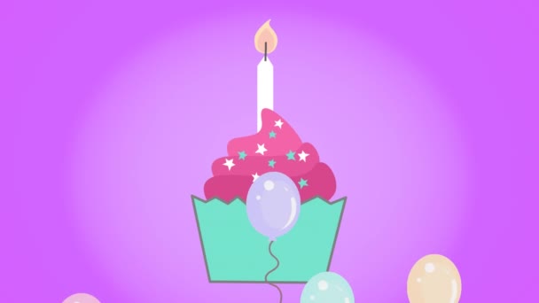 Animacja Zapalonej Świecy Urodzinowej Babeczce Wielu Balonów Fioletowym Tle Urodziny — Wideo stockowe